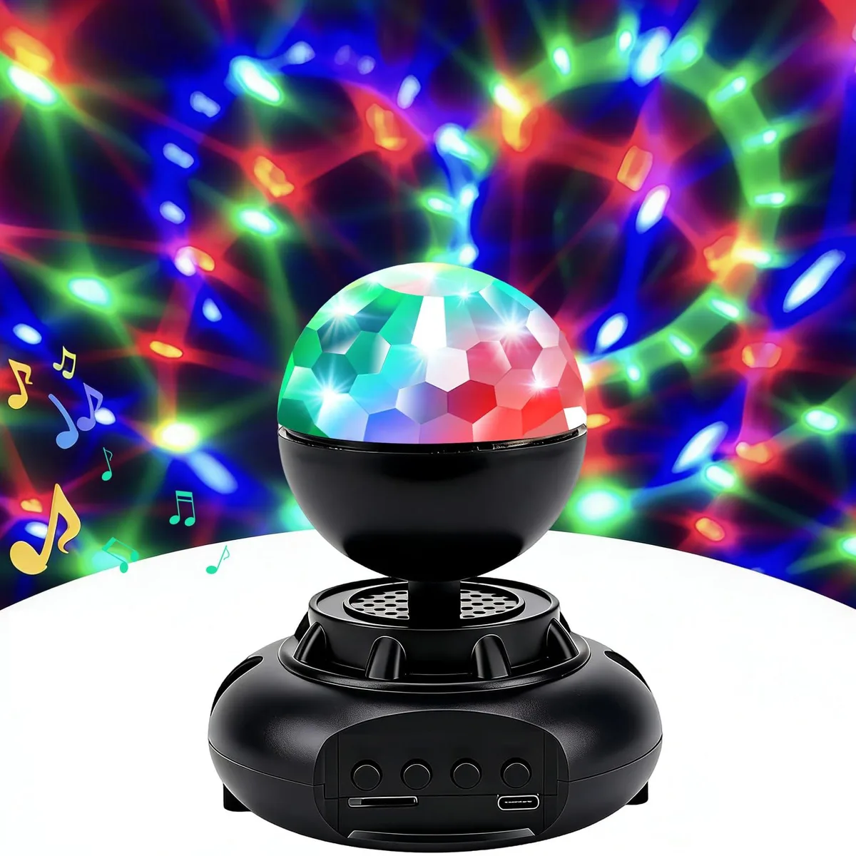 Compact black cube with white acrylic panels, rotating LED disco ball and integrated Bluetooth speaker, tabletop mount