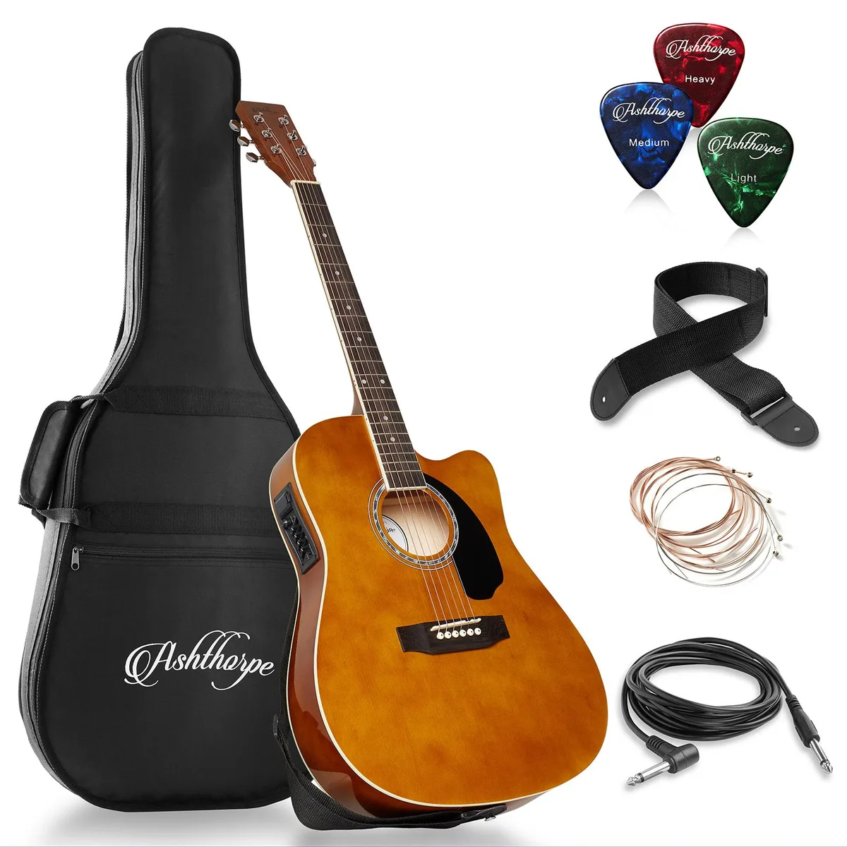 Ashthorpe Ashthorpe Full-Size Cutaway Thinline Acoustic-Electric Guitar 41 Brown — product photo