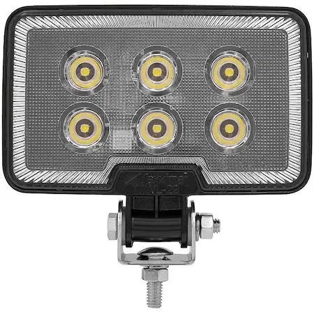 Black rectangular LED work light with clear polycarbonate lens and bolt-on bracket