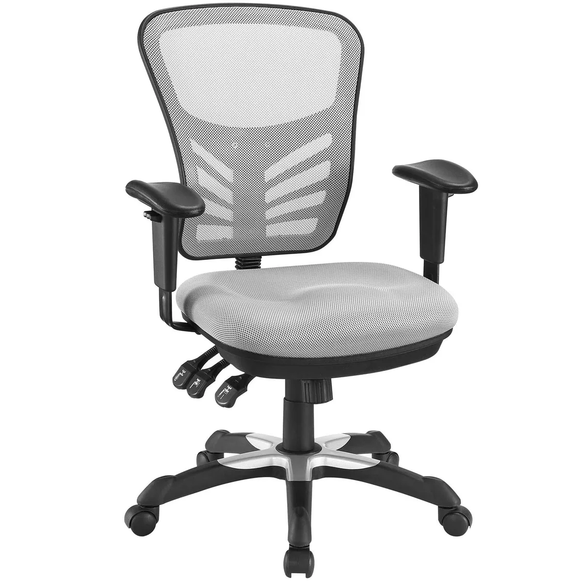 Gray ergonomic mesh office chair with adjustable arms, lumbar support and five caster wheels