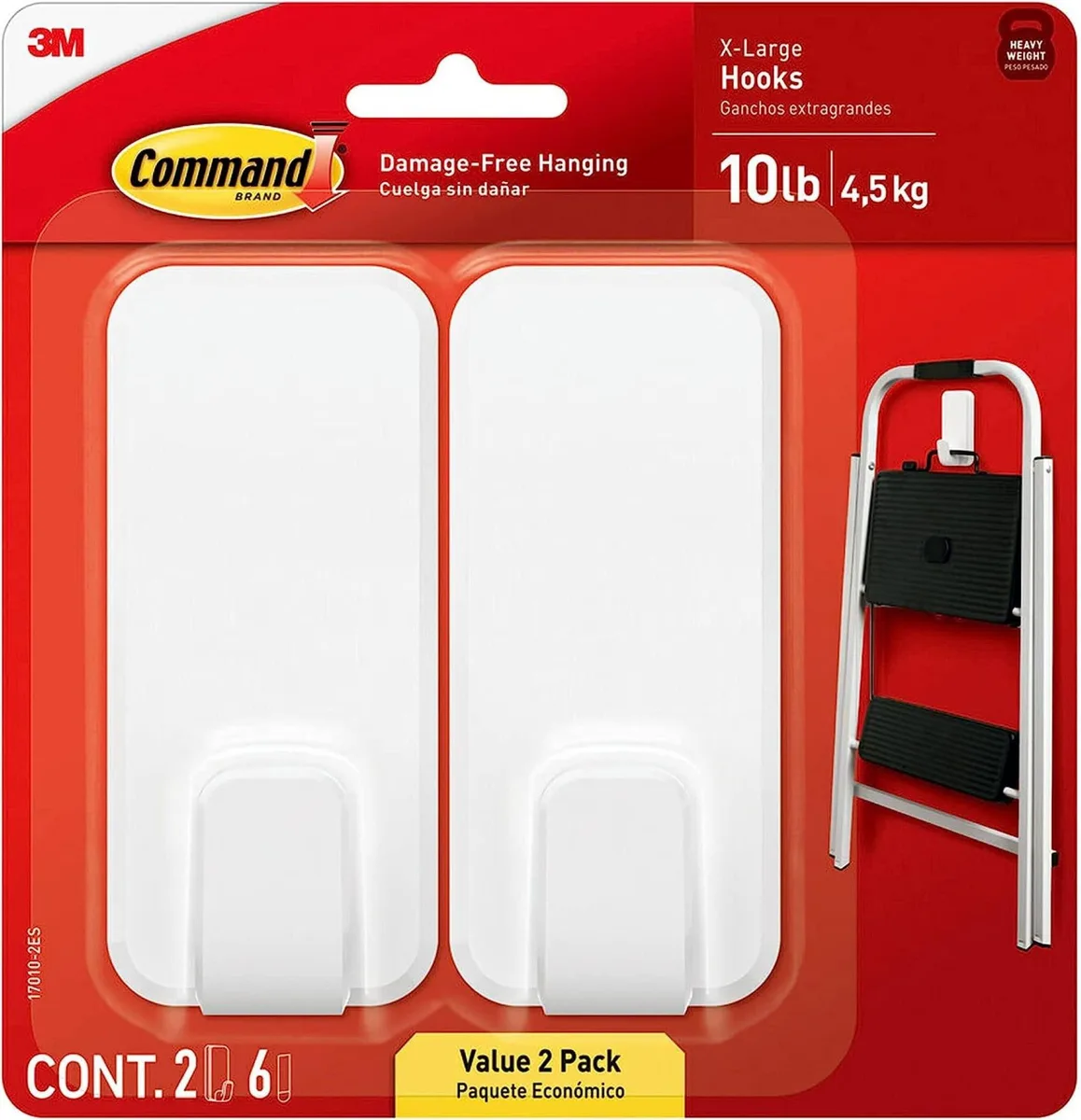 Two large white plastic wall hooks with six adhesive strips