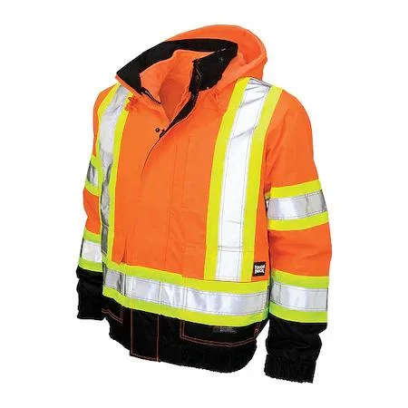 High-visibility orange polyester bomber jacket with detachable hood and storm flap zipper