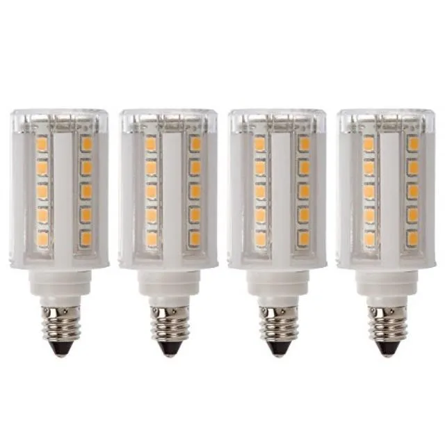 Four clear E11 mini candelabra LED bulbs in a pack