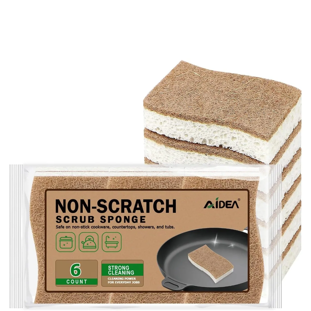 Six rectangular white cellulose sponges with beige sisal scrub sides, each about four by two and a half inches