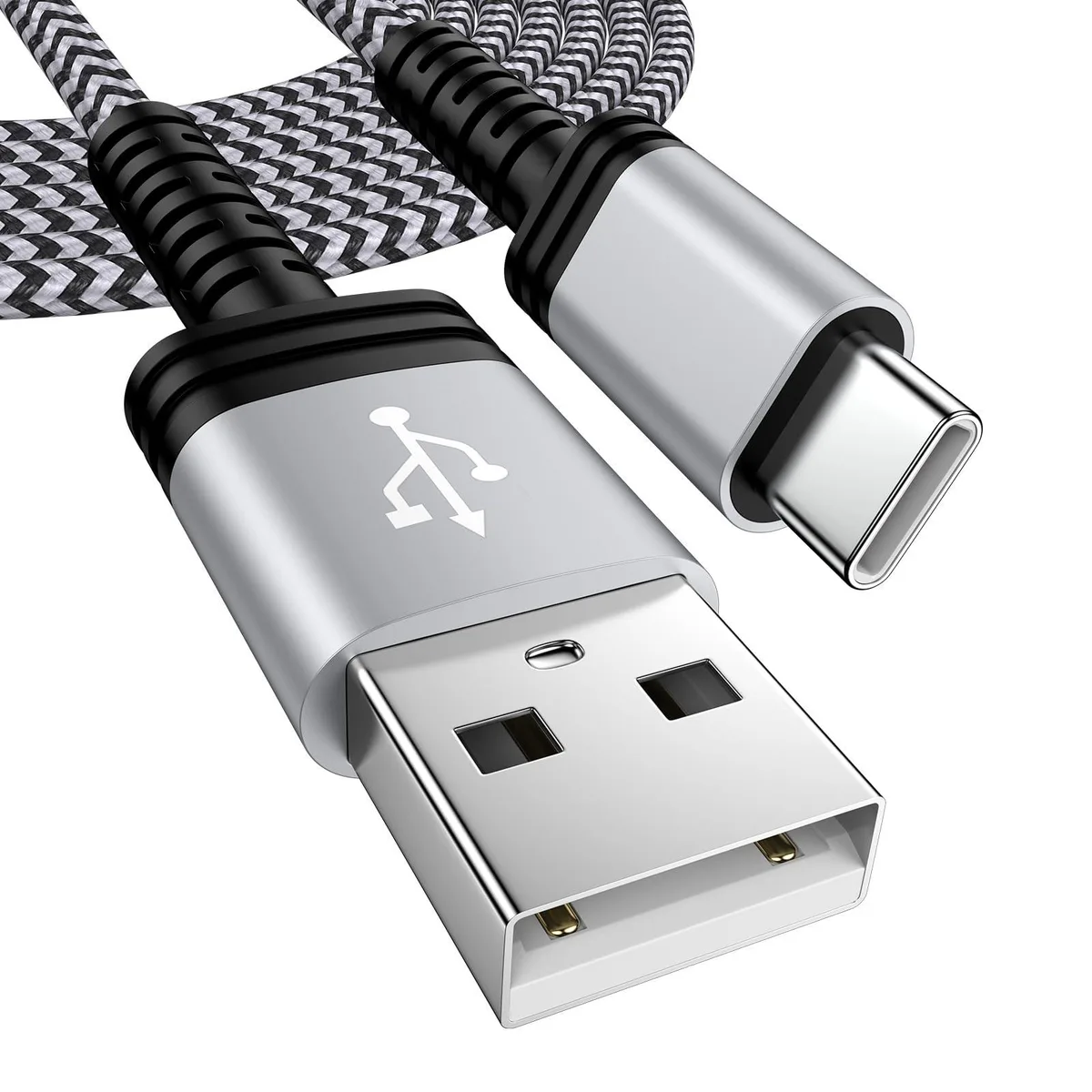 White USB-A to USB-C cable, six feet long, nylon braided with aluminium connectors