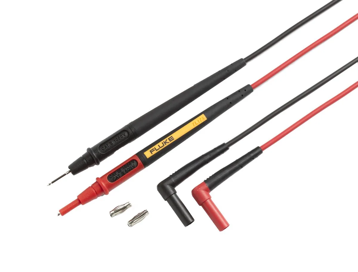 Pair of red and black silicone test leads with twist-adjustable probe tips and removable lantern tips