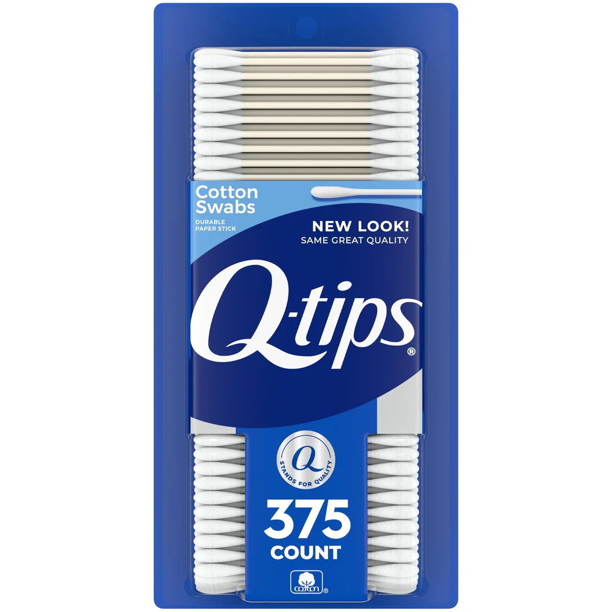 White rectangular box with Q-tips branding, 375 cotton swabs inside