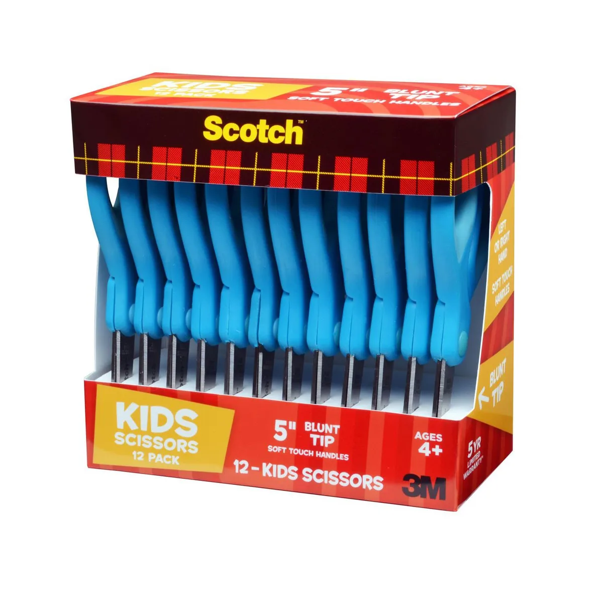 Twelve blue blunt-tip kid scissors with soft-grip handles in a pack