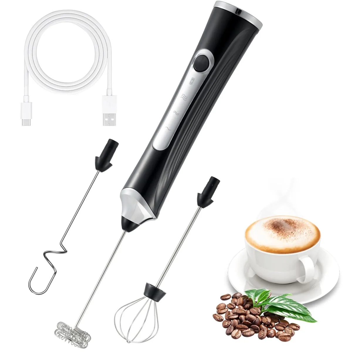 freebala Handheld Electric Milk Frother 3 Heads USB Rechargeable 3 Speeds White — product photo