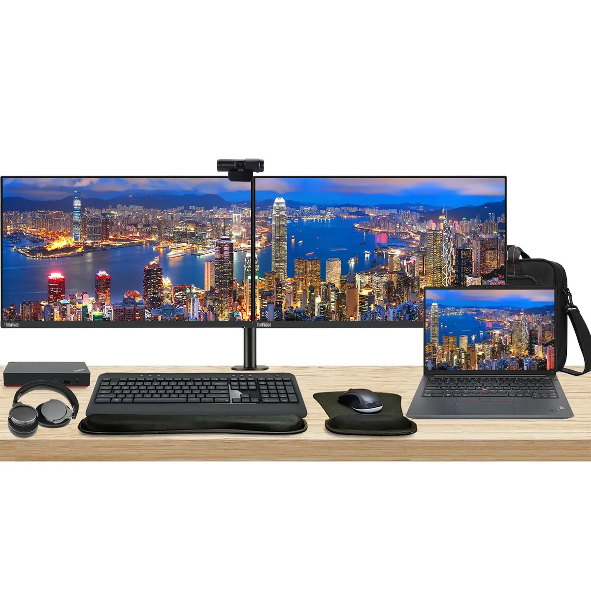 Lenovo Lenovo ThinkPad E14 Gen 5 14" Ryzen 5 16GB 256GB SSD bundle with dual 24" monitors, dock, peripherals — product photo