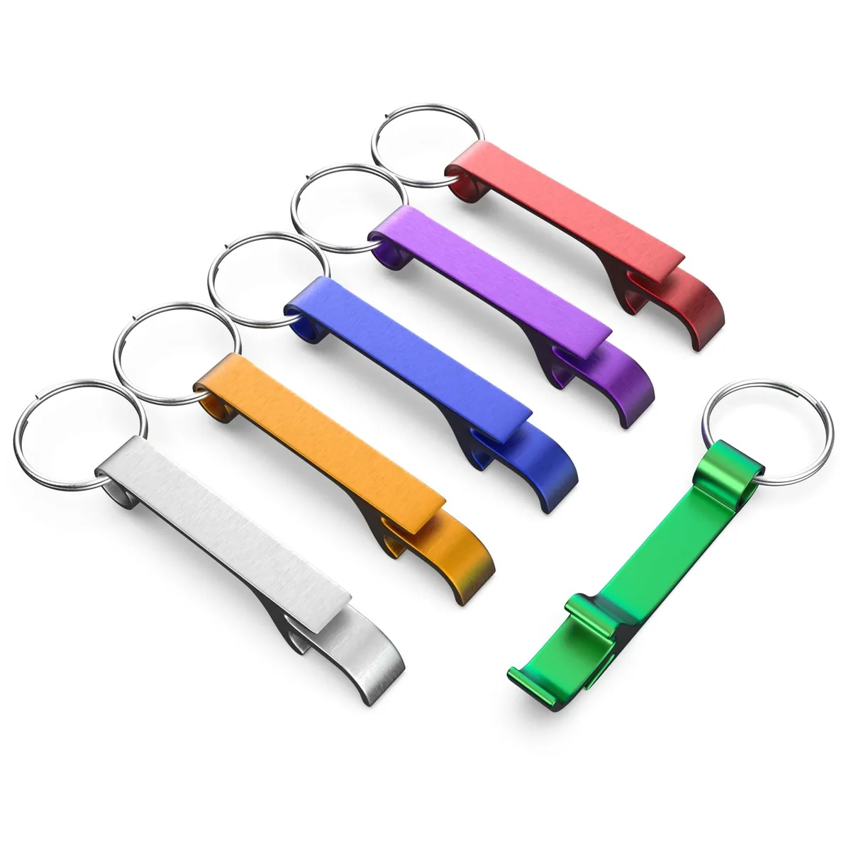 Six red aluminium bottle-opener keychains, each 2.48 x .47 in