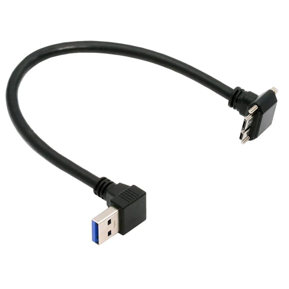 Black USB 3.0 cable with down-angled A plug and up-angled Micro-B locking connector, 25cm