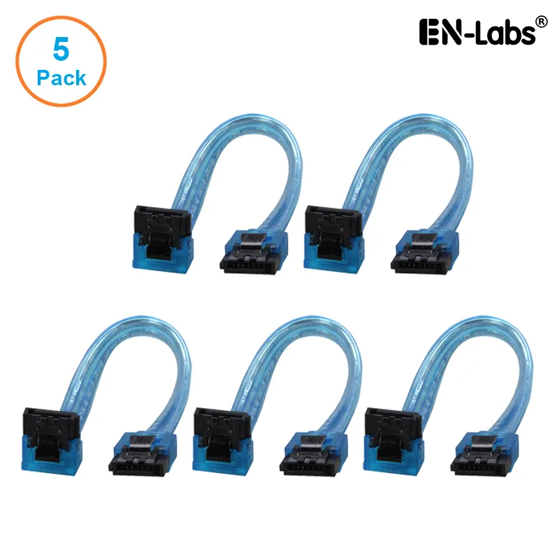 EN-Labs EN-Labs 5PKSATAIII15CMBL90 5-pack SATA cable UV Blue 6" 90° locking latch — product photo