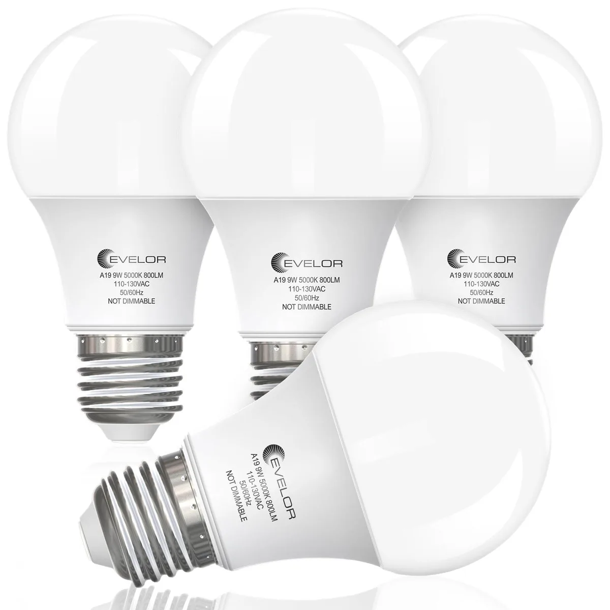  EVELOR A19 LED Light Bulb 9W 800LM 5000K E26 4 Pack — product photo