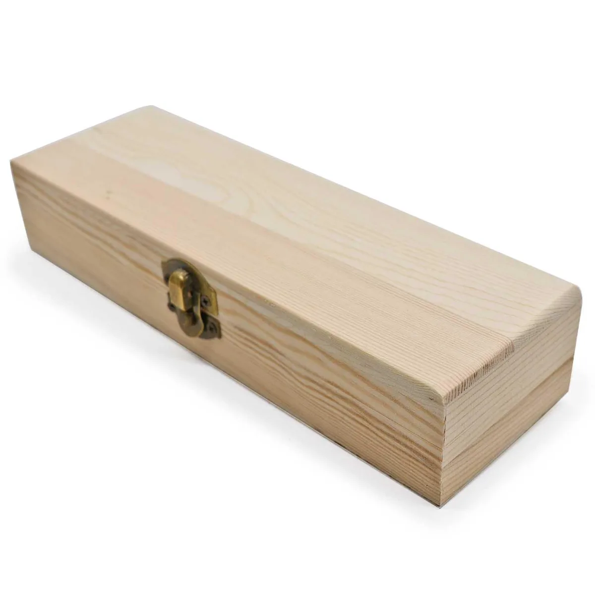 Four small unfinished pine boxes with locking clasps
