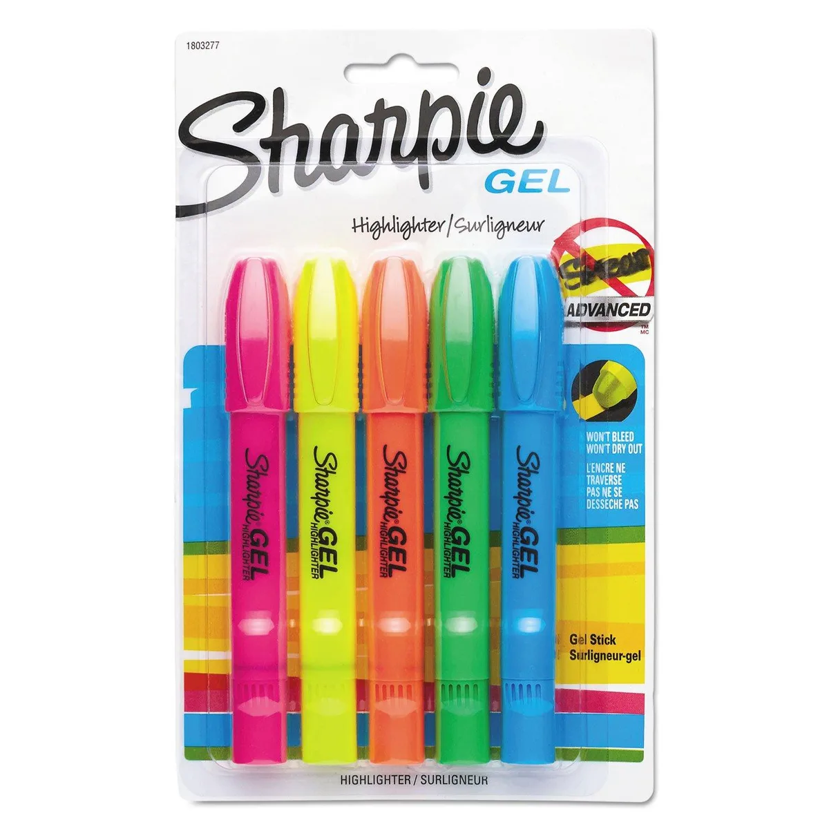 Five cylindrical Sharpie gel highlighters in assorted fluorescent colours with contoured grips and bullet tips