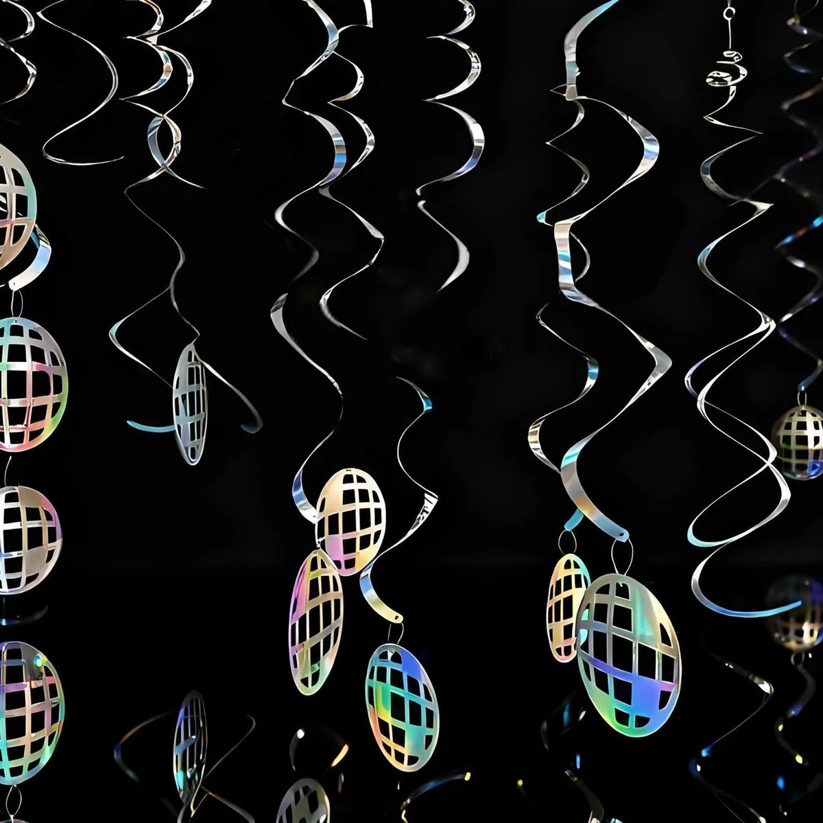 48 holographic disco balls and spiral streamers in pink blue purple