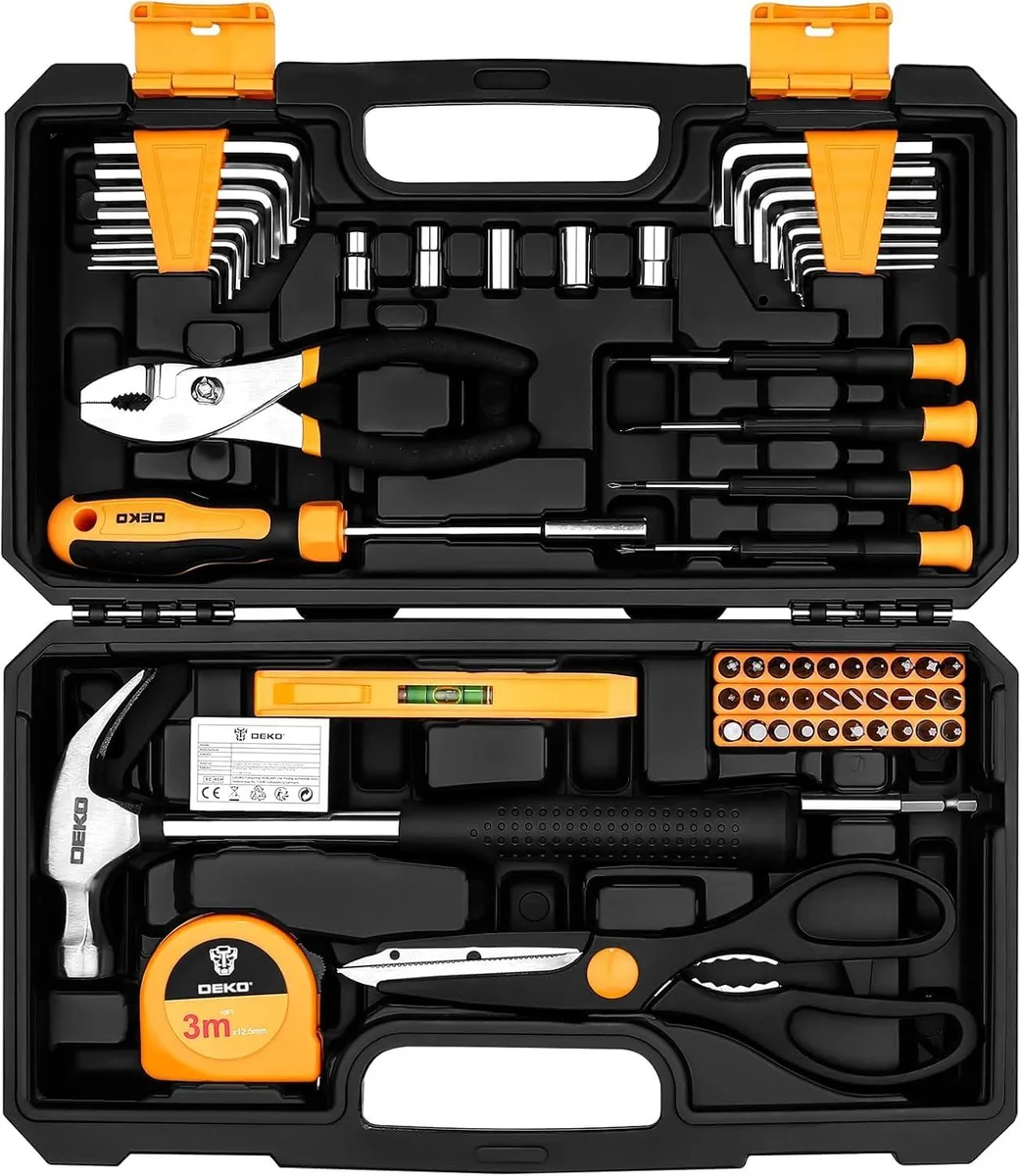 Compact moulded plastic toolbox holding 62-piece hand tool set