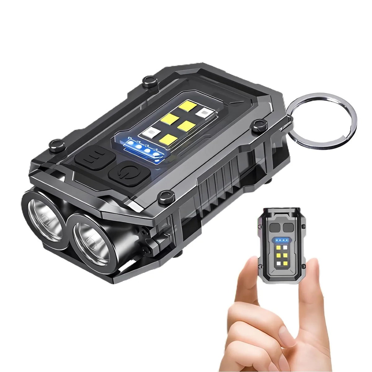 Small black rectangular aluminium flashlight with keyring loop and rear clip, magnetic tail cap and USB-C port