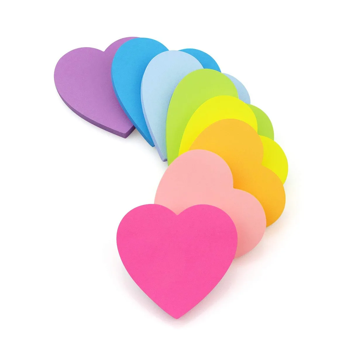 Eight heart-shaped sticky note pads in bright colours, each pad square 3 by 3 inches