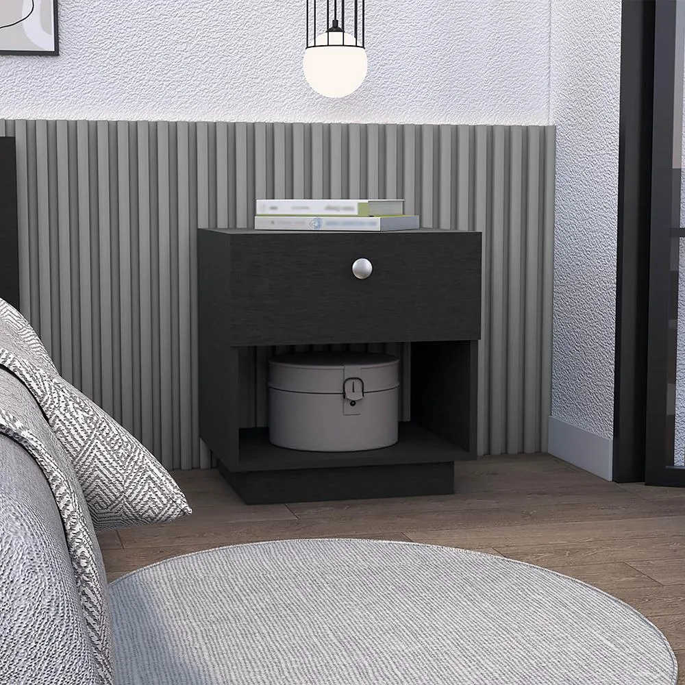 Black engineered wood nightstand with single drawer and open lower shelf