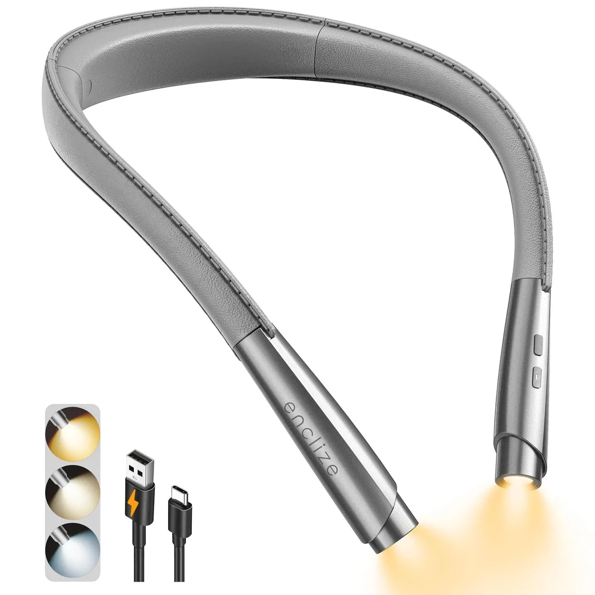 Gray flexible neckband with two adjustable LED heads, Type-C port visible