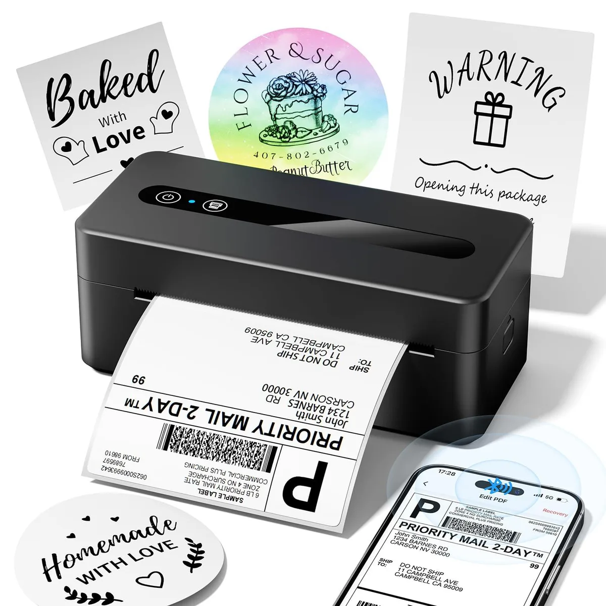 Compact white thermal label printer with rounded edges and a top label roll compartment