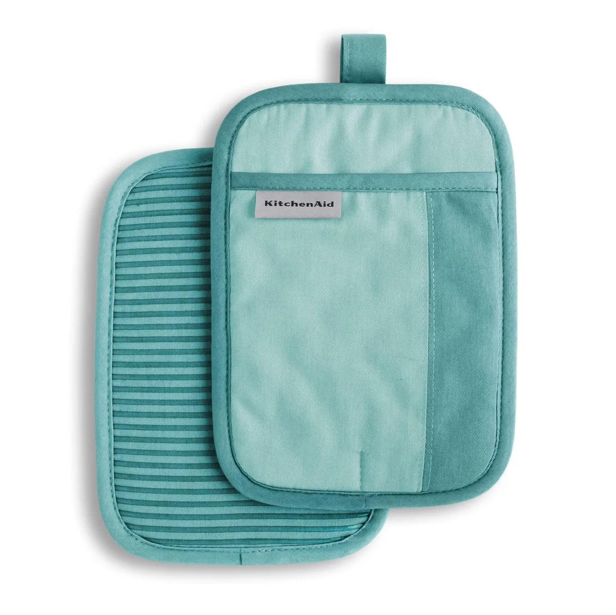 Two aqua-sky cotton pot holders with silicone grip and hanging loops