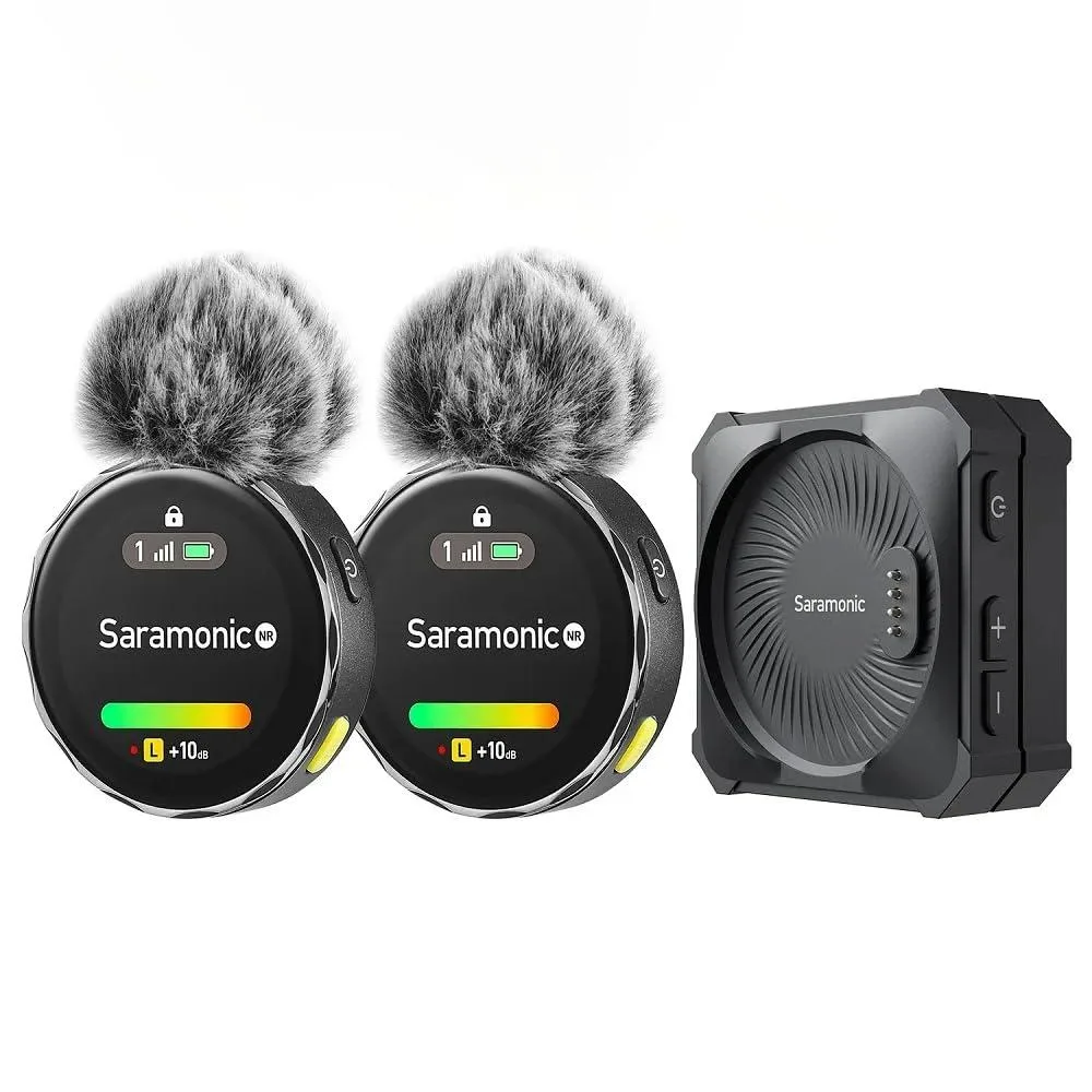 Two square touchscreen transmitters and a rectangular touchscreen receiver, all matte black with magnetic clips visible