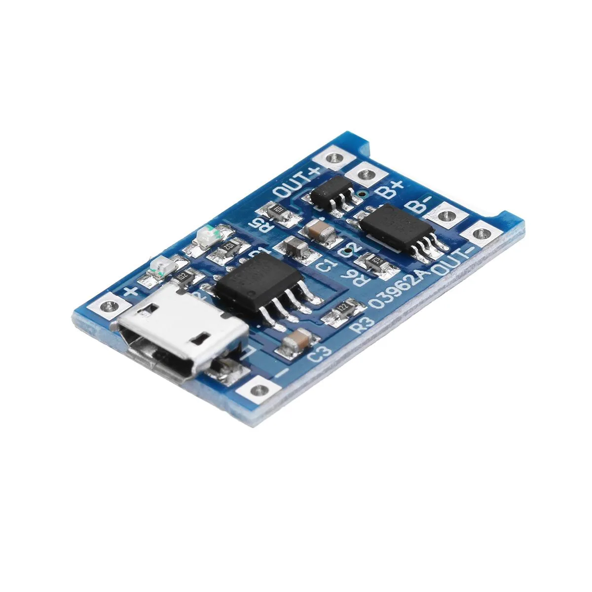 Small black rectangular circuit board with micro USB port and solder pads, 27mm by 17mm