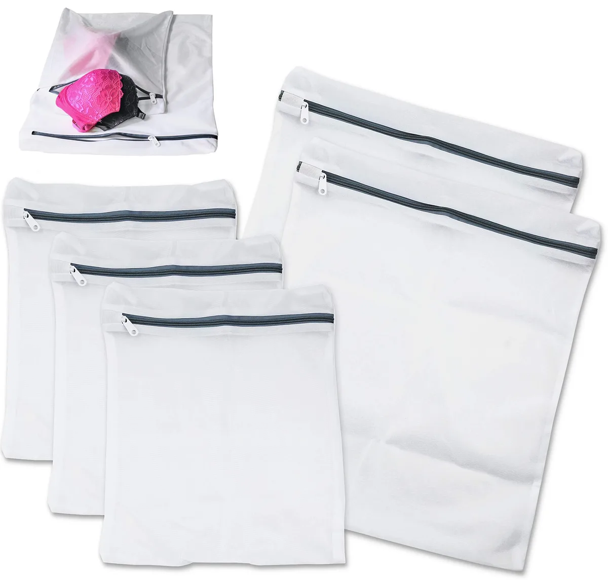 Set of five mesh laundry bags, two large and three medium, with rust‑free zippers