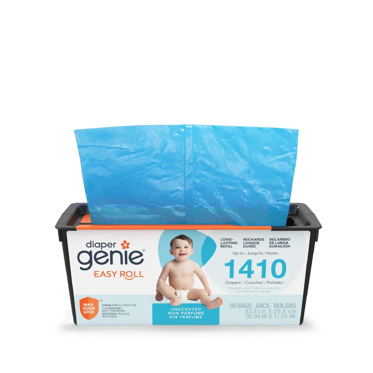 White plastic roll of 30 perforated diaper pail refill bags