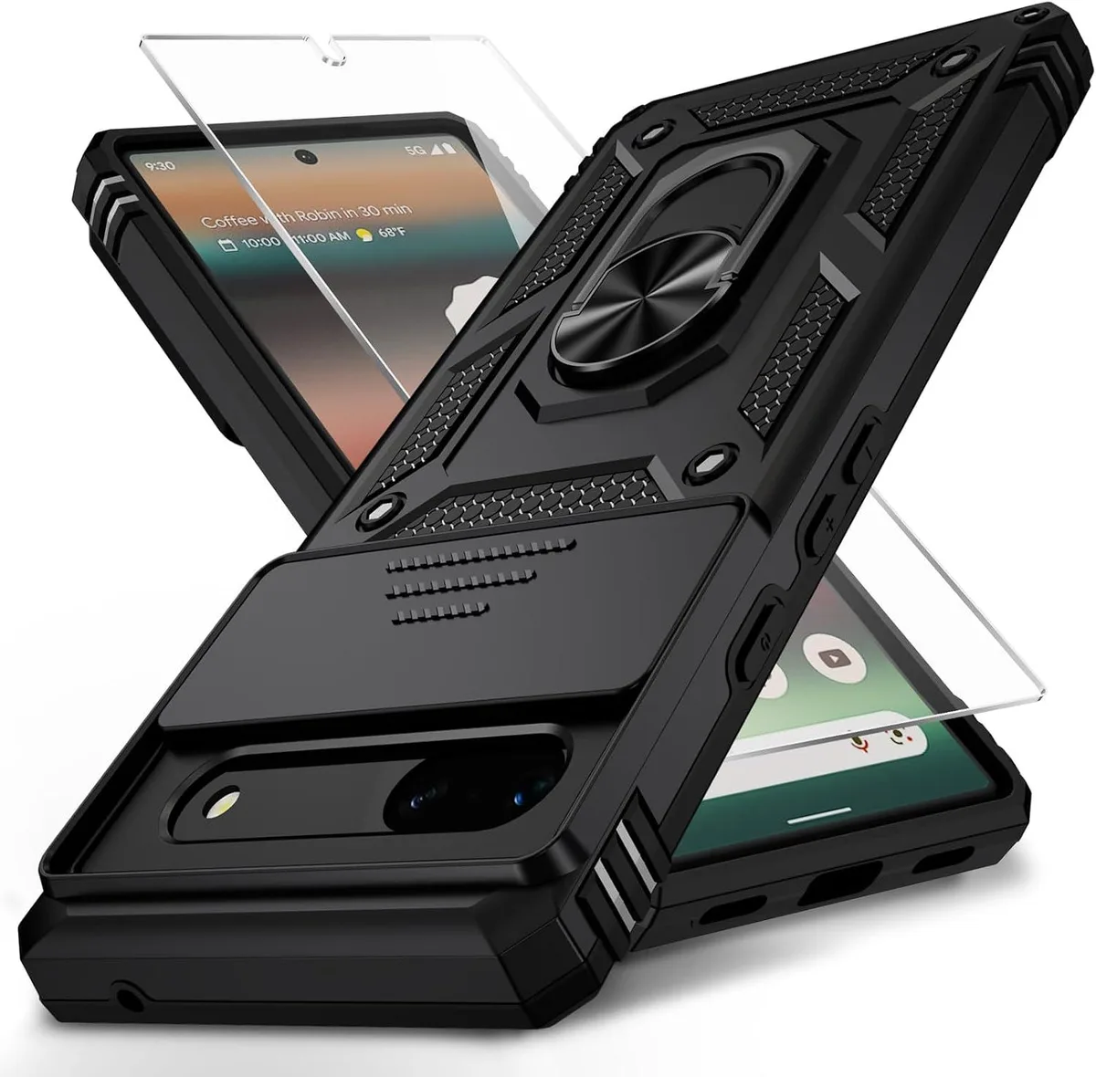 Black protective case for Google Pixel 7 with sliding camera cover ring kickstand