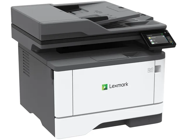 Compact white Lexmark MX331adn multifunction laser printer with 2.8 inch touchscreen and paper tray visible