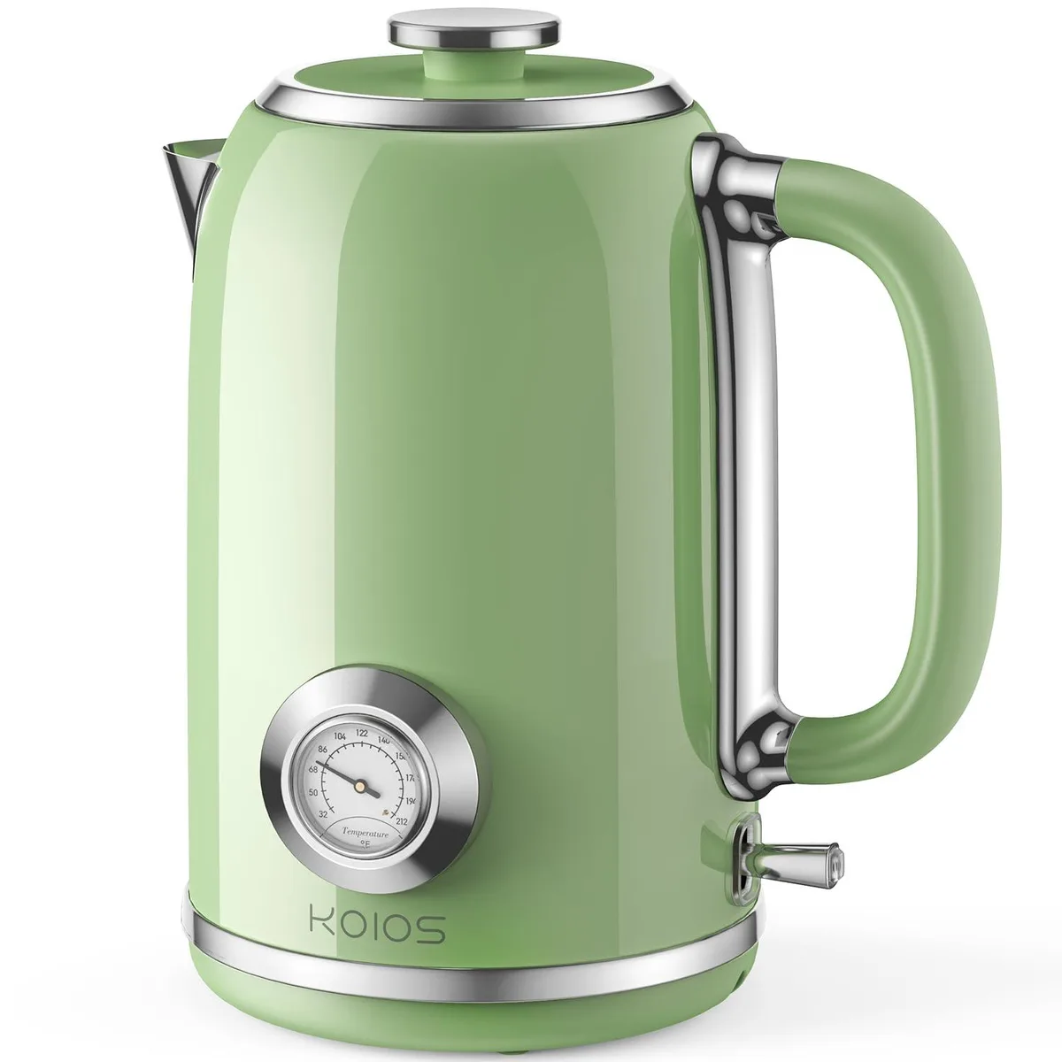 Green retro-style electric kettle with analog temperature gauge and stainless steel body