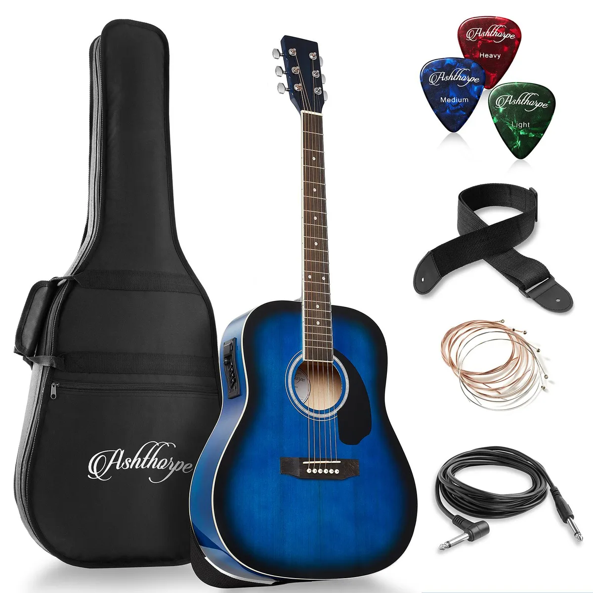 Ashthorpe Ashthorpe Full-Size Dreadnought Acoustic-Electric Guitar Bundle - Blue — product photo