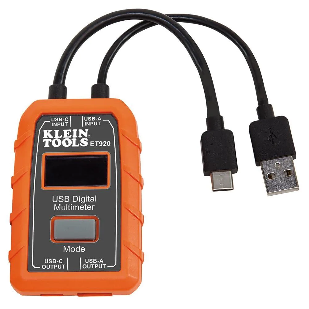 Small rectangular USB power meter with Type-A and Type-C ports, digital LCD screen, pocket-sized dark casing