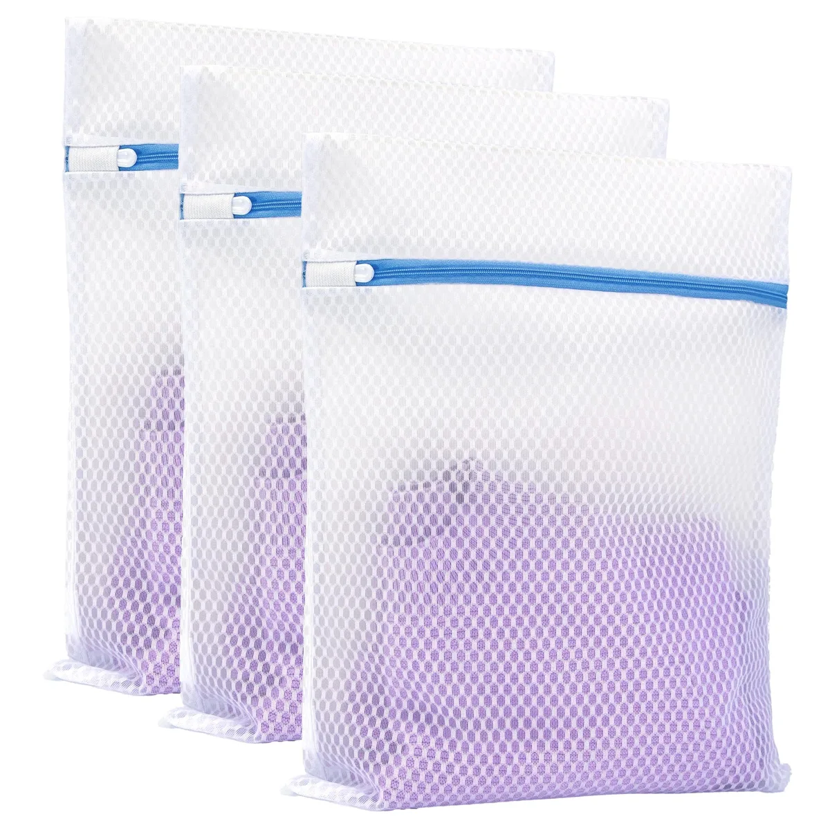Three beige polyester mesh laundry bags with zippers, each 12 by 16 inches