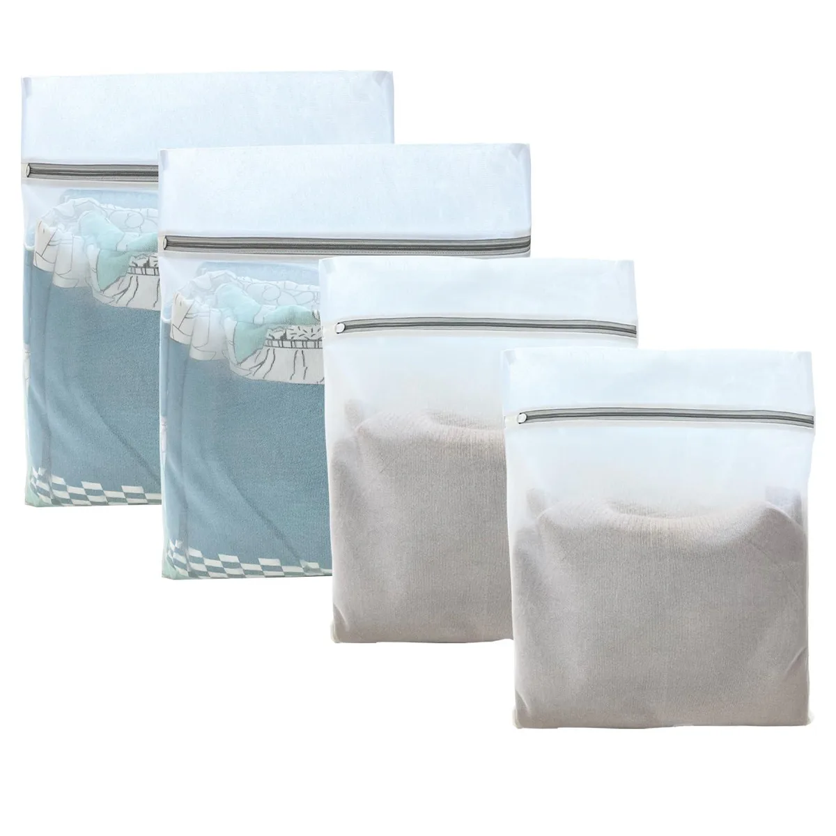 Four white mesh laundry bags with grey zippers, two large and two medium, folded flat