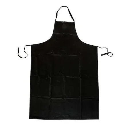 Black SBR rubber bib apron with polyester-cotton interior, 45 inch length, 35 inch width, tie neck closure
