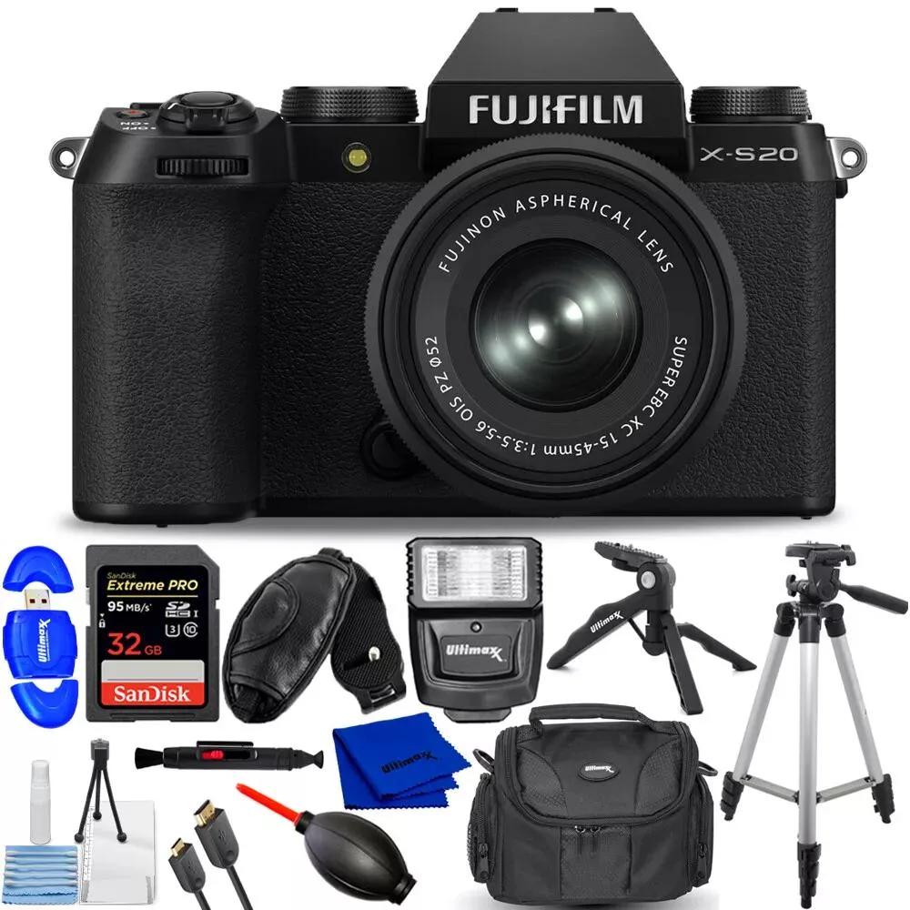FUJIFILM FUJIFILM X-S20 compact mirrorless camera with 15-45mm lens 32GB bundle — product photo