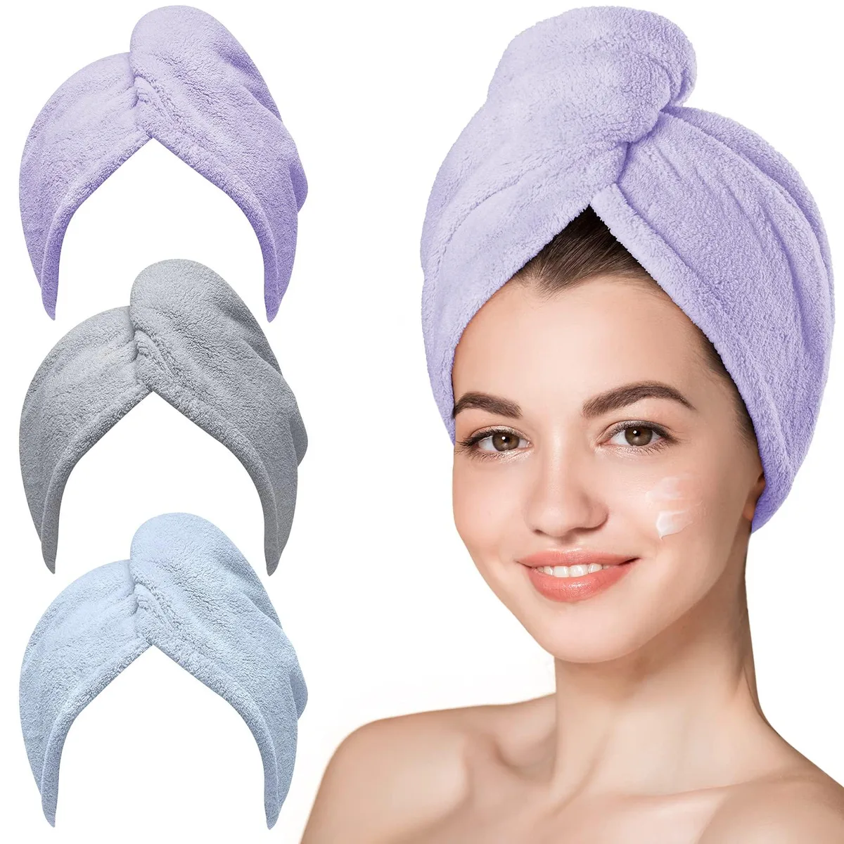 Three microfiber hair towel wraps in blue grey purple with button loop closure