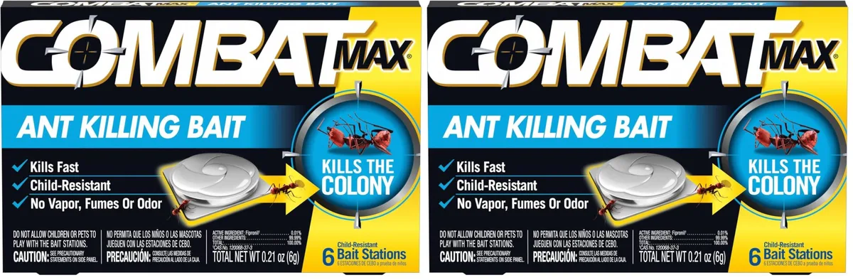 Two white rectangular boxes each holding six small dark ant bait stations