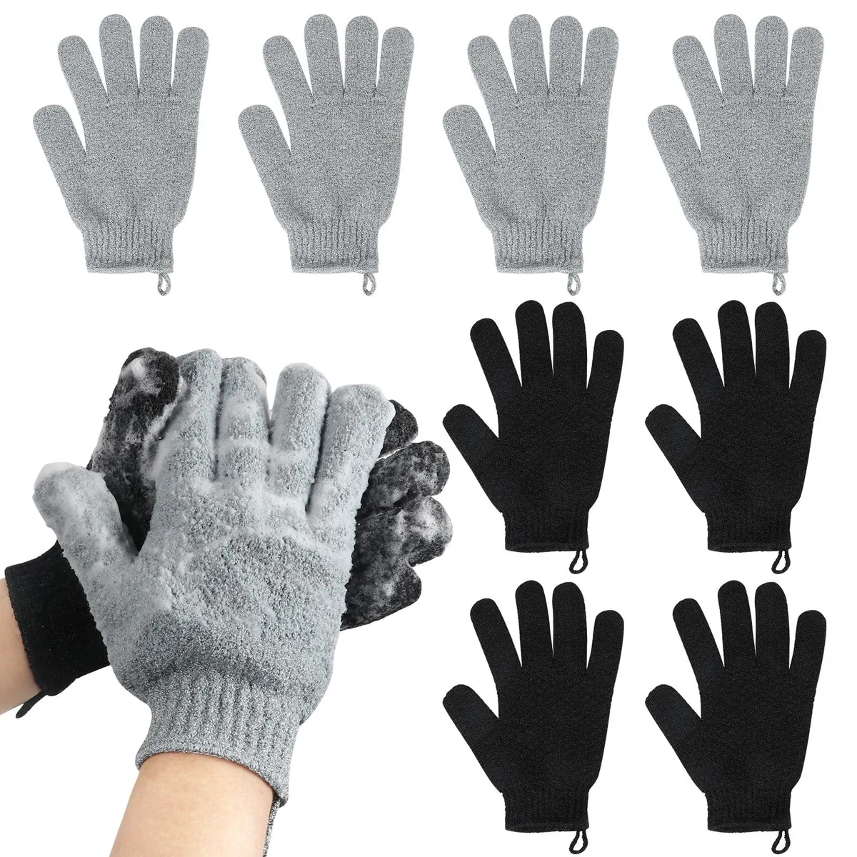 Eight grey nylon exfoliating gloves with hanging loops