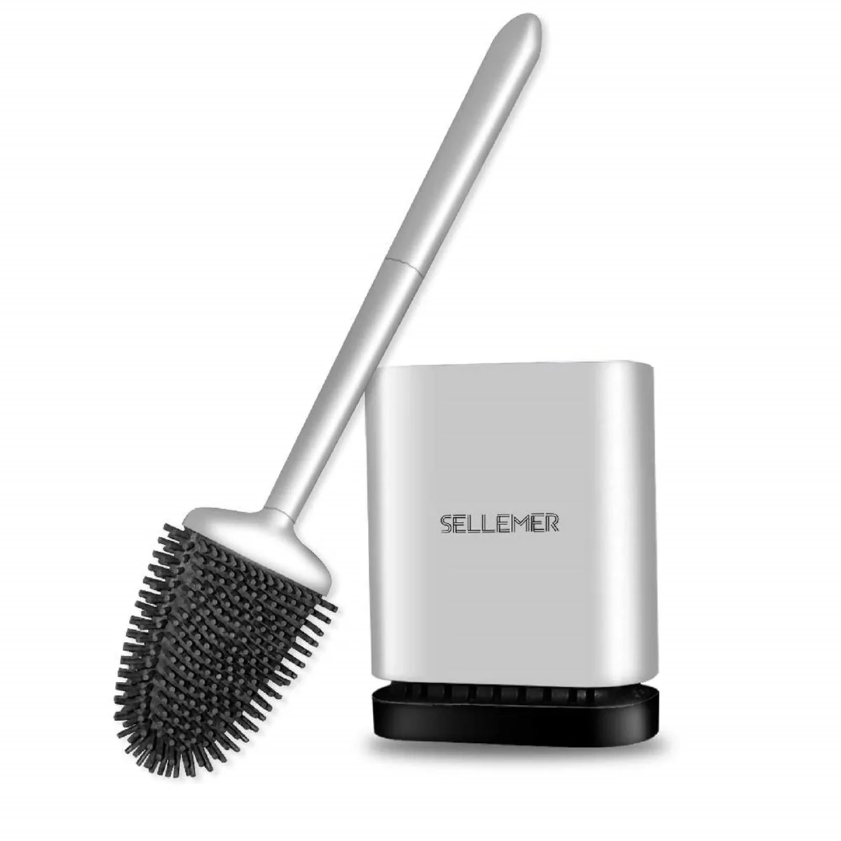 Silver silicone toilet brush in ventilated holder base