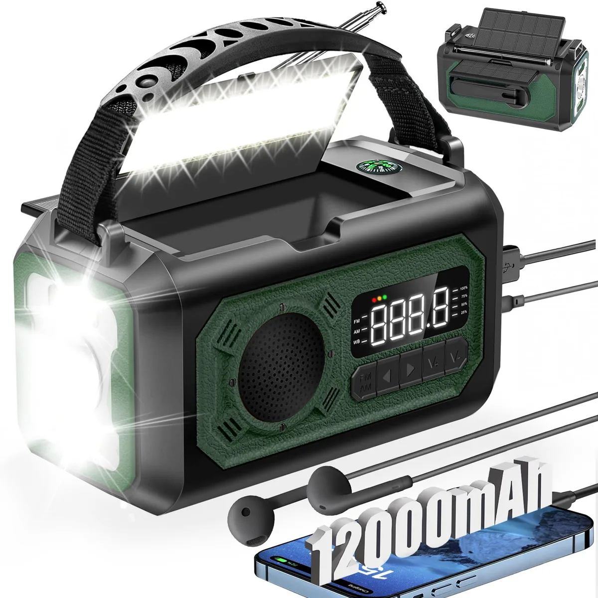 UYEIKMLOP RADIO-Army green 12000mAh Emergency Weather Radio — product photo