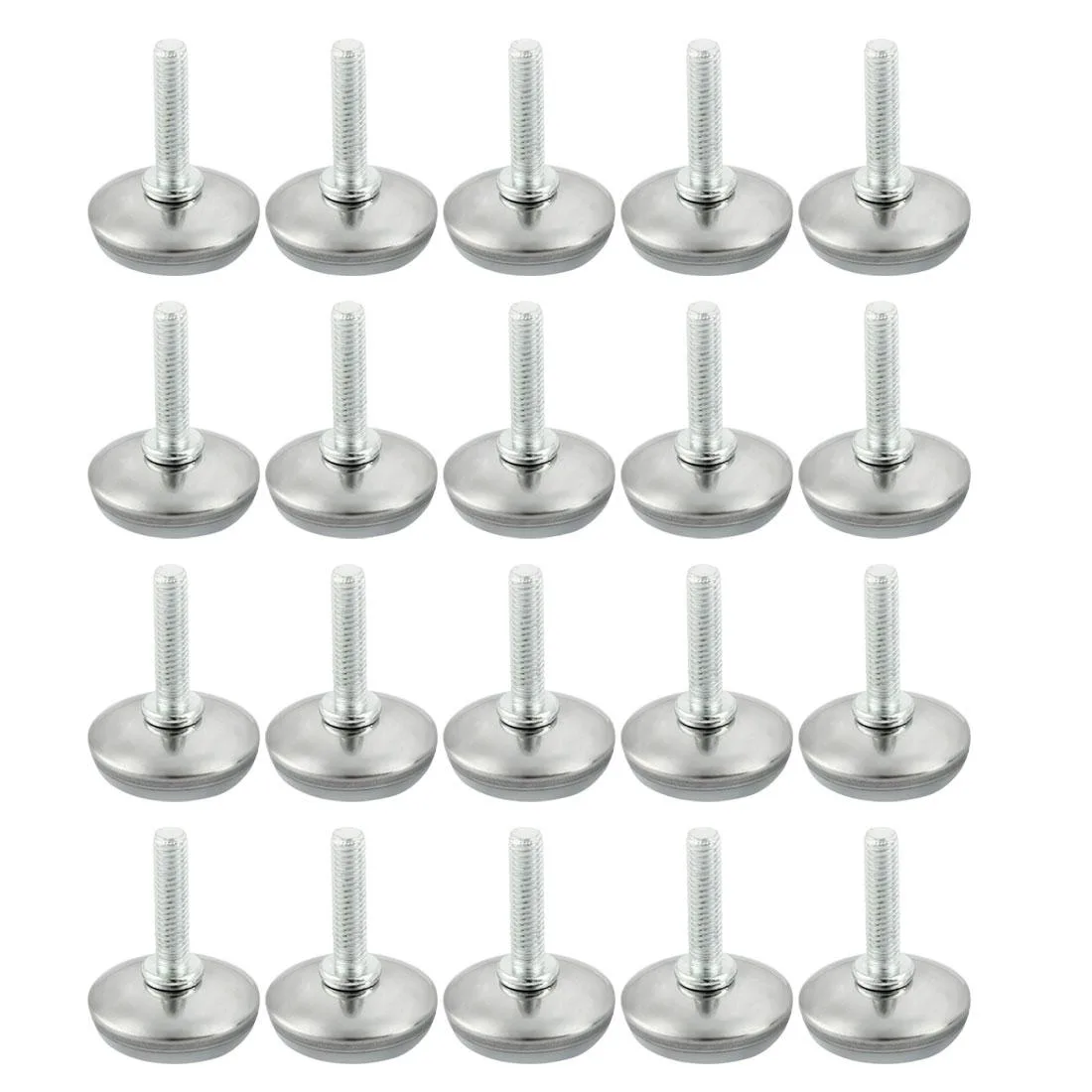 Twenty metal and plastic leveling feet with M6 x 25mm threads and round plastic bases