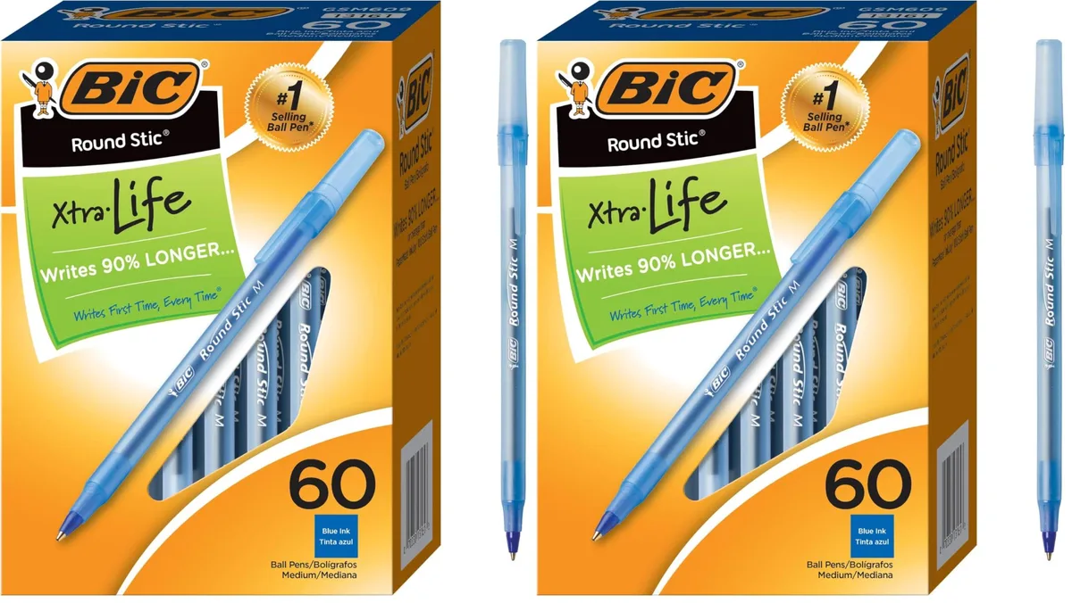 Two packs of 60 blue ballpoint pens with translucent barrels and frosted caps