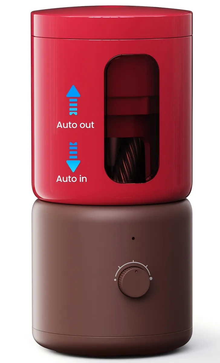Red plastic electric pencil sharpener, compact upright form