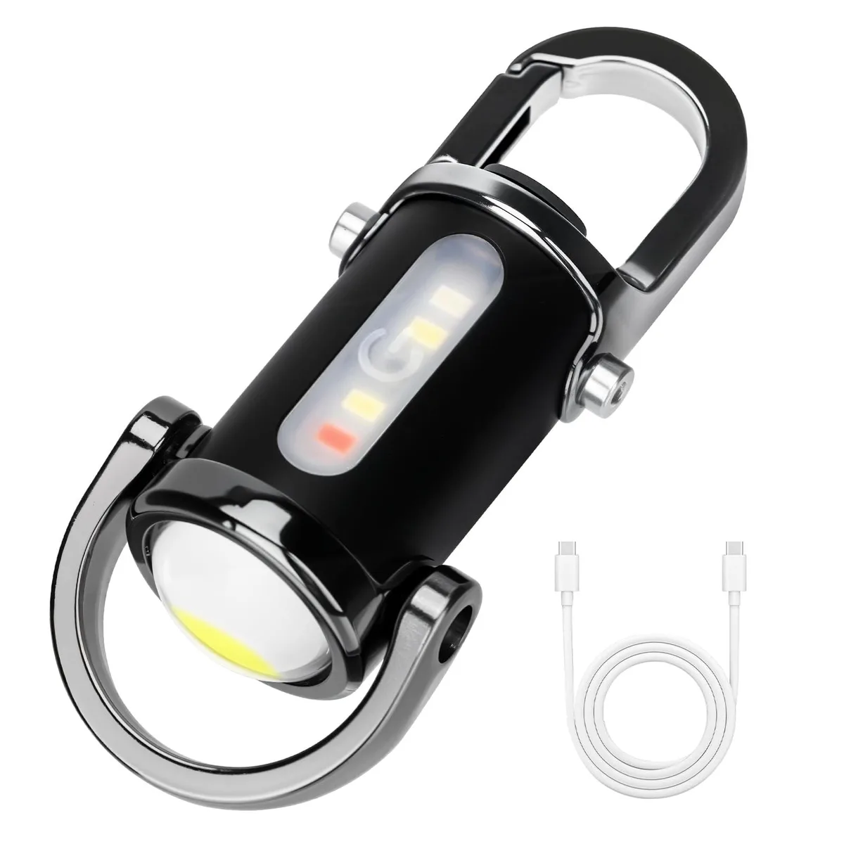 Black aluminium mini flashlight, key-ring loop, USB-C port, 1200 lumen dual LEDs